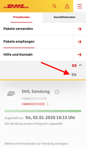 DHLの商品追跡画面
